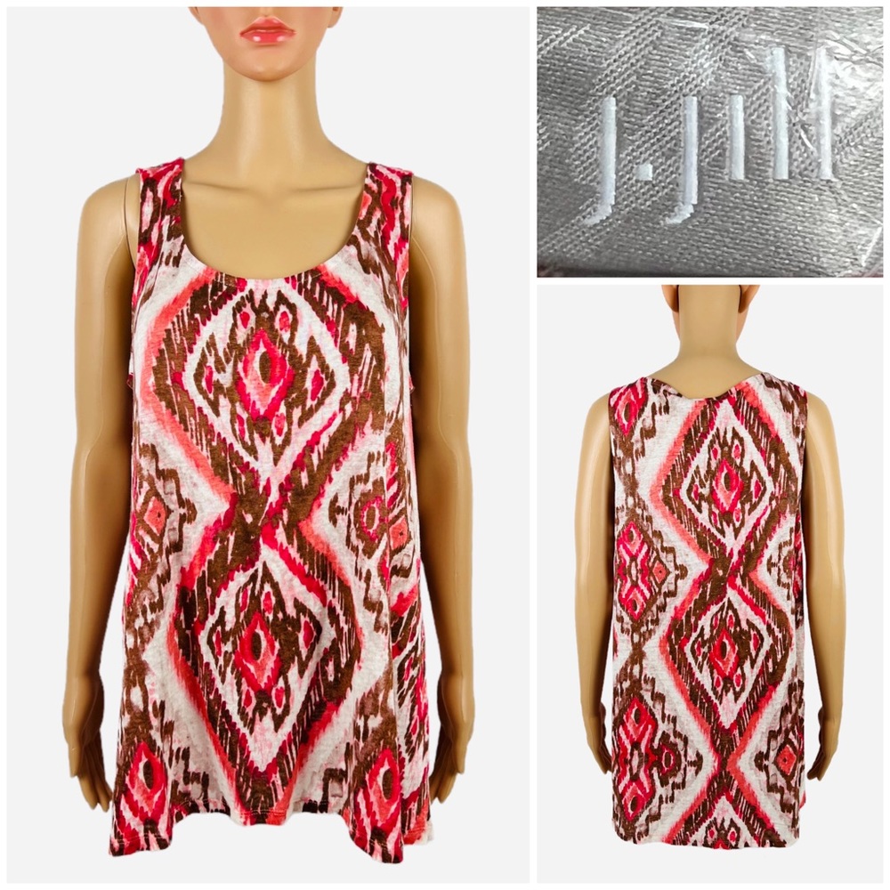 J Jill Womens Medium Sleeveless 100% Linen Pullover Top Flare Stretch Aztec EUC